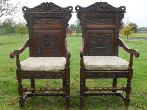 Pair of Superb 17th Century Design Carved Oak Wainscot Armchairs