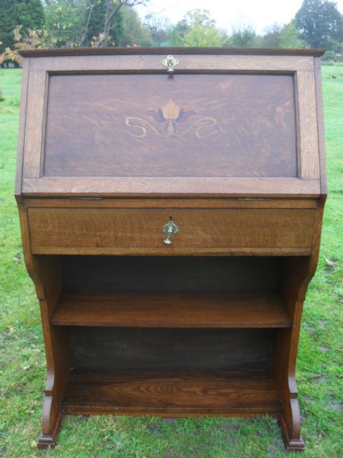 Lovely Inlaid Oak Fall Front Bureau Bookcase Desk with Drawer
