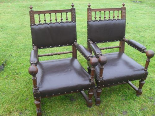 Superb Pair of Victorian Carved Oak and Leather Studded Open Armchairs
