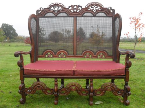 Lovely Carved Walnut & Bergere Caned High Back Charles II Style Settee