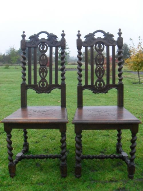 Pair of Victorian Carved Oak Barley Twist Dining / Side Chairs