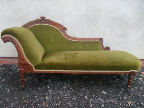 Victorian Carved Walnut and Braided Upholstered Scroll Back Chaise-longue