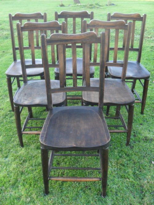 Set of 6 Edwardian Beech Slat Back Church Style Kitchen Dining Chairs