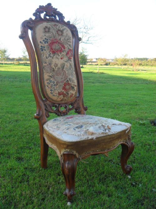 Victorian Carved Walnut & Needle Work Floral Upholstered Nursing Side Chair