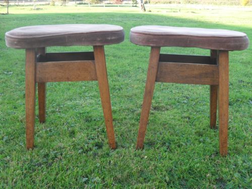 Pair of Oak Upholstered Kidney Shaped Occasional Stools