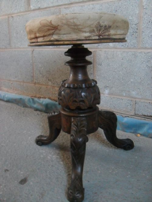 Victorian Carved Oak Twist Top Tripod Piano Stool with Upholstered Seat
