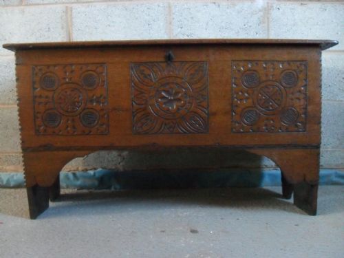 17th Century Carved Oak Plank Coffer with Candle Box