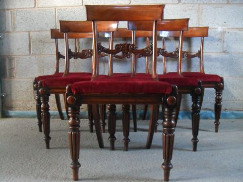 Set of 6 William IV Mahogany Carved Bar Back Dining Chairs