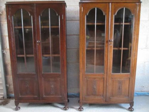 Pair of Oak Glazed 2 Door Adjustable Bookcases with 4 Shelves