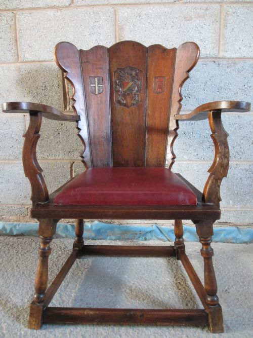 Carved Oak Plank Back with Crests Open Carver Armchair
