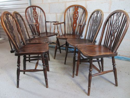 Set of Six Elm Seated Stick Wheel Back Kitchen Dining Chairs