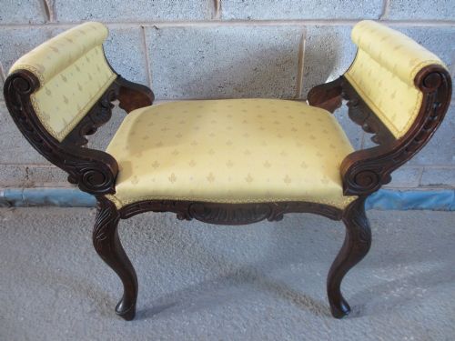 Lovely Victorian Carved Oak & Upholstered Window Seat / Stool