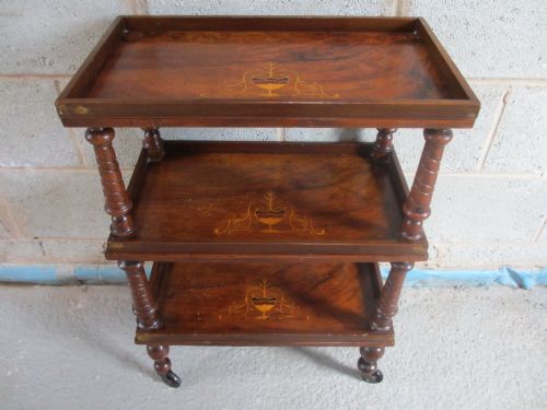 Victorian Walnut Inlaid 3 Tier Wot Not Trolley with Turned Supports