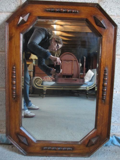 Oak Framed with Mouldings Bevel Edge Canted Corner Hanging Wall Mirror