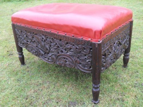 Victorian Anglo-indian Carved & Fretted Floral Leaf Red Leather Upholstered Stool