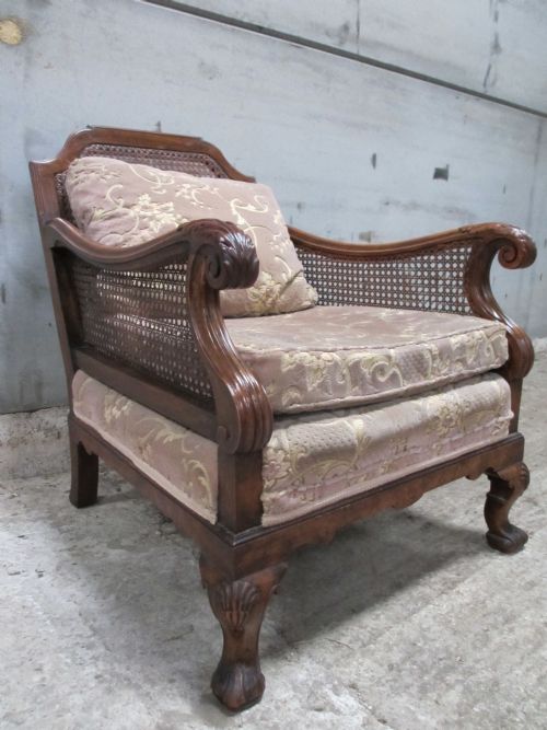 Lovely Pair of Carved Walnut Framed Bergere Caned & Upholstered Armchairs