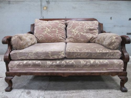 Lovely Carved Walnut Framed Bergere Caned & Upholstered Sofa