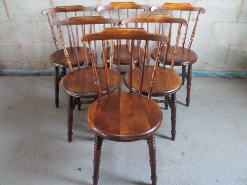 Lovely Set of 6 Mahogany & Beech Circular Seated Stick and Turned Kitchen Dining Chairs