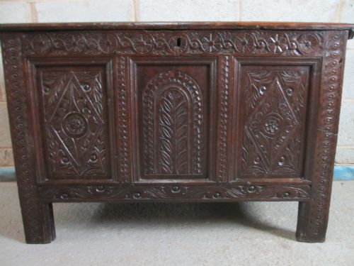 Superb 17th Century 3 Panel Carved Oak Coffer on Stile Supports