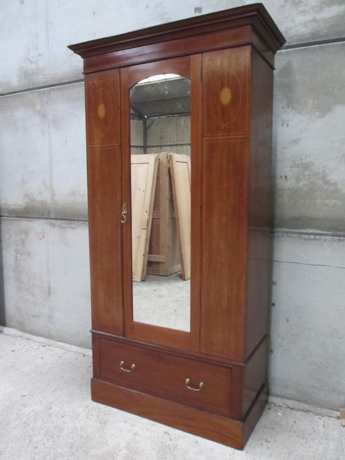 Edwardian Mahogany and Inlaid Slim Mirror Door Wardrobe