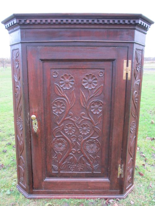 Victorian Floral Carved Oak Corner Cupboard