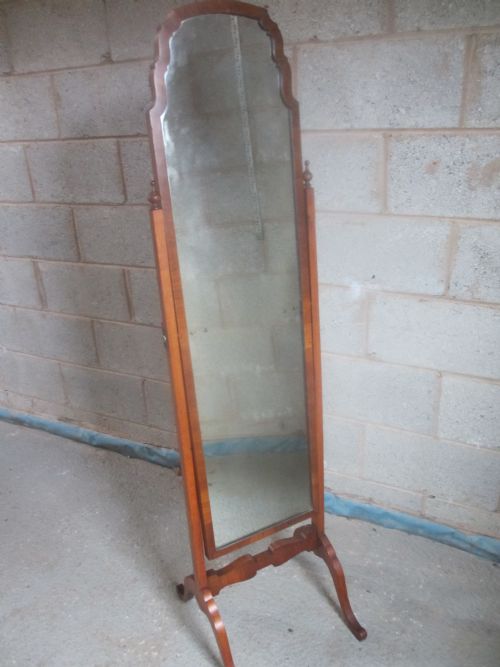 Edwardian Walnut Framed Cheval Mirror with Wavey Arch Top
