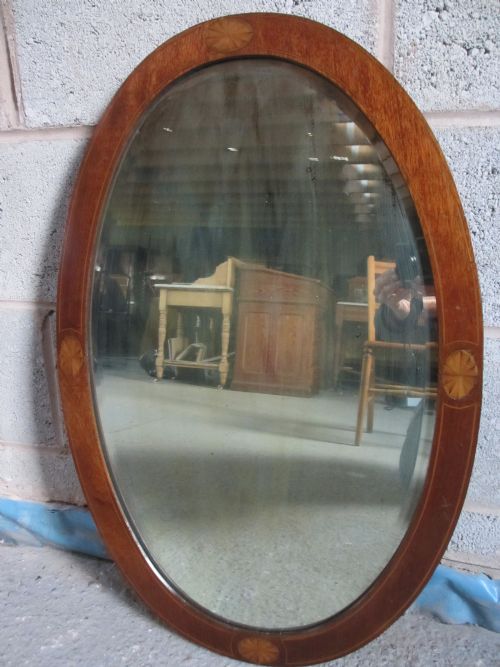 Edwardian Inlaid Mahogany Oval Bevel Edged Hanging Wall Mirror