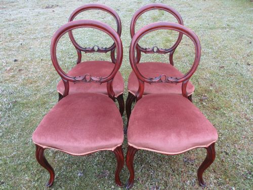 Set of 4 Victorian Walnut Upholstered Balloon Back Dining Chairs