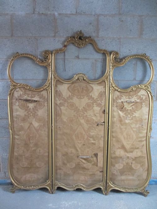 19th Century French Scroll Gilt Wood Framed Three Fold Screen