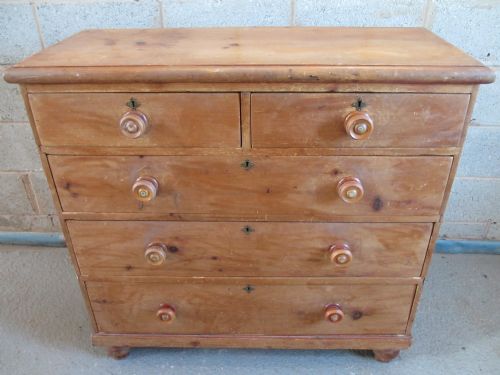 Victorian Pine Chest of Drawers 2 Over 3 with Turned Inlaid Handles