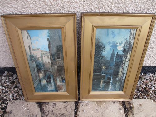 Lovely Pair of Venice Canal Gondola Moonlight Water Colours