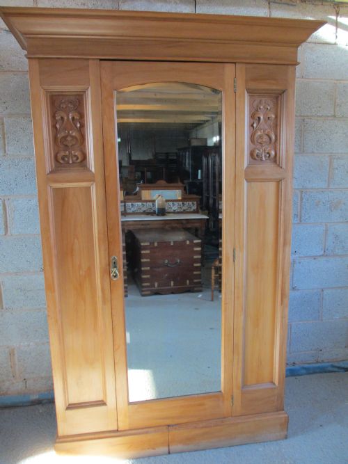 Victorian / Edwardian Satin Walnut Bevel Mirror Door Wardrobe