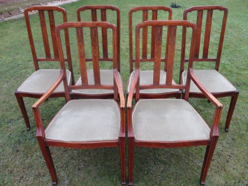 Set of 6 Edwardian Mahogany and Inlaid Slat Back Dining Chairs, 4 Chairs and 2 Carvers