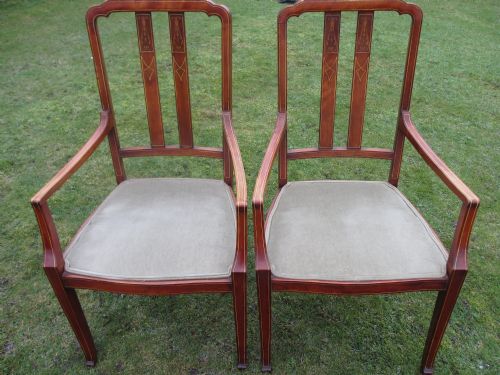 Pair of Edwardian Mahogany and Inlaid Slat Back Carver Armchairs