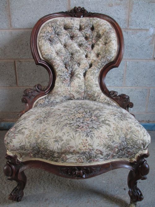 Quality Victorian Showood Mahogany Button Upholstered Nursing Chair