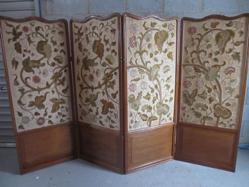 Lovely Victorian Oak Panel and Floral Leaf Tapestry Four Fold Screen