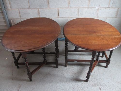 Matched Pair of Oak Barley Twist Oval Gateleg Drop Leaf Dining Tables