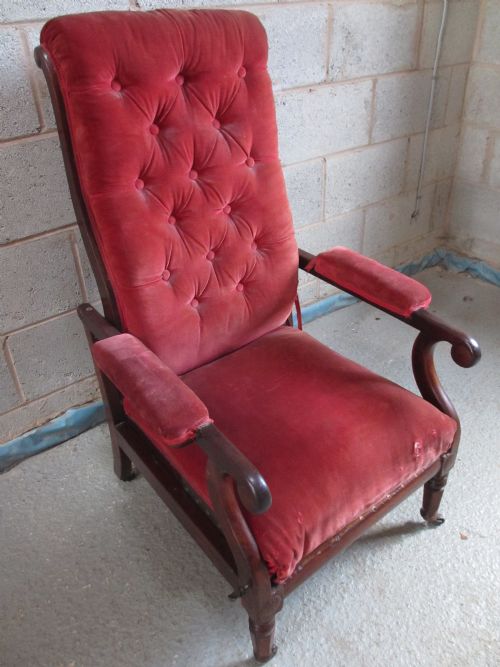 Victorian Mahogany Framed and Button Upholstered Reading Reclining Armchair