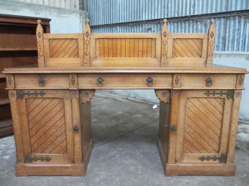 Superb Victorian Light Oak Gothic Arts & Crafts Pedestal Sideboard