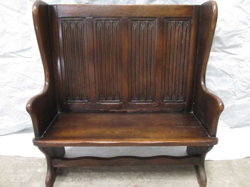 SOLID OAK CARVED PANEL HIGH BACK SETTLE SEAT