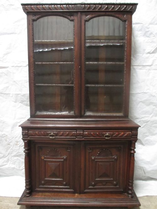 Superb Victorian Carved Oak Glazed Bookcase Cabinet