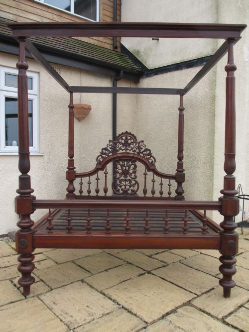 Superb 19th Century Carved and Fretwork Mahogany Four Poster King Size Bed