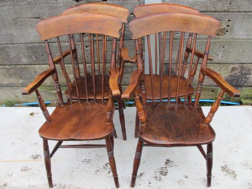 Set of 4 19th Century Elm Stick Back Windsor Carver Armchairs