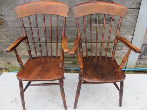 Pair of 19th Century Elm Stick Back Windsor Carver Armchairs