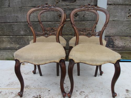 Set of 4 Victorian Carved Walnut Balloon Back Dining Chairs