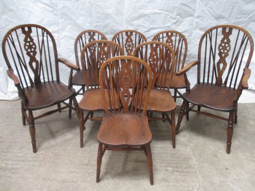Set of 8 Elm Wheel Back Kitchen Dining Chairs
