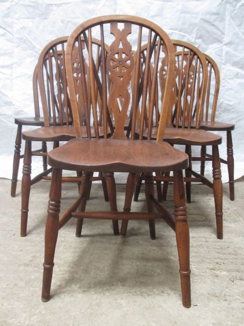 Set of 6 Elm Wheel Back Windsor Kitchen Dining Chairs