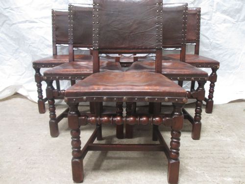 Lovely Set of 6 Oak & Studded Leather Cromwellian Style Dining Chairs