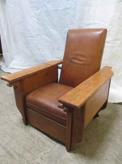 ART DECO 'FOOT SONS' OAK AND TAN LEATHER RECLINING ARMCHAIR - ADDITIONAL PHOTO 2