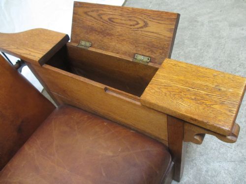 ART DECO 'FOOT SONS' OAK AND TAN LEATHER RECLINING ARMCHAIR - ADDITIONAL PHOTO 4